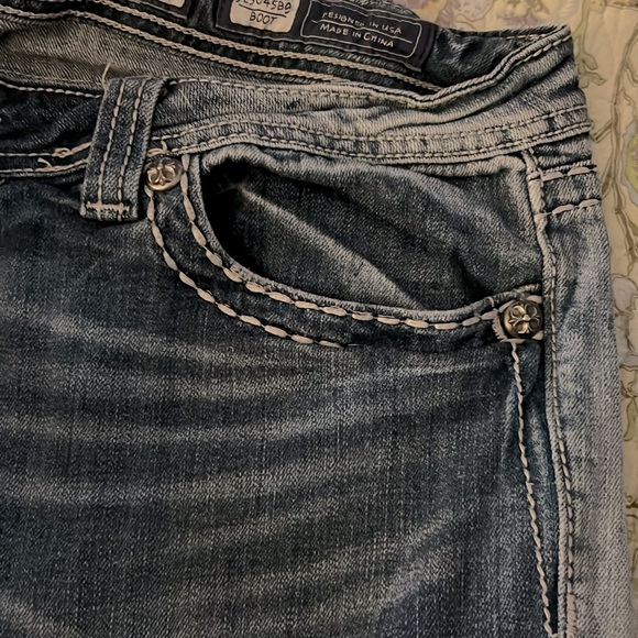 MISS ME 👖 VINTAGE DISTRESSED RIPPED LEATHER CROSS BOOTCUT JEANS Women’s 36 L32 - Picture 7 of 12